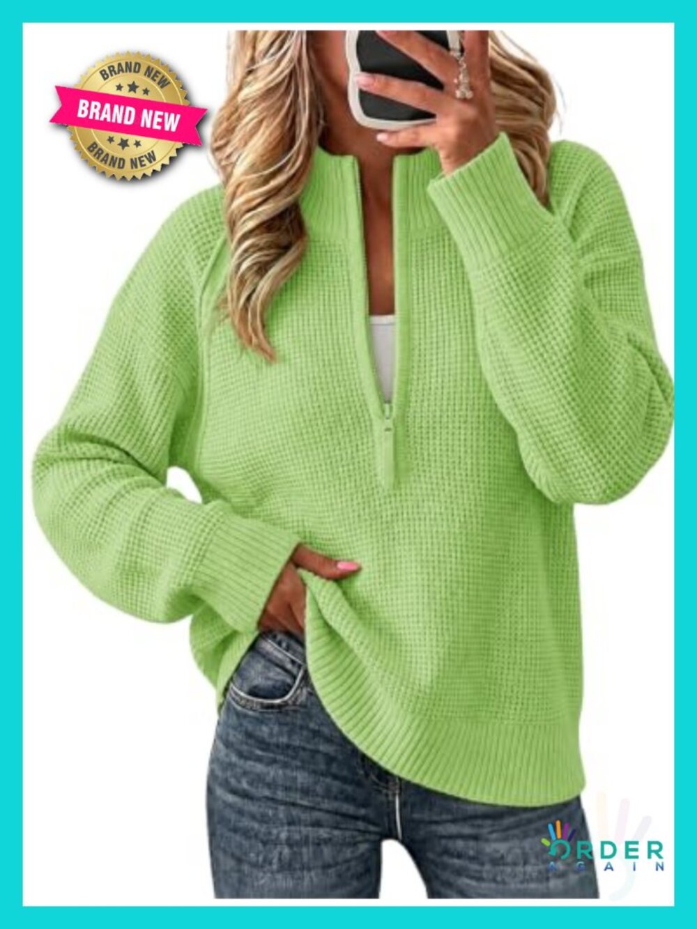 Waffle Knit Quarter Zip Pullover Sweater Long Sleeve Top with Thumb Holes